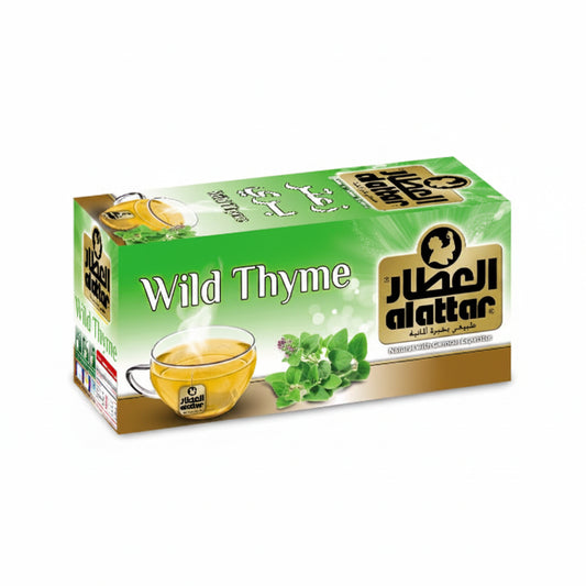 Attar Wild Thyme tea bags box with gradient green packaging, gold Arabic logo, and illustration of brewed herbal tea