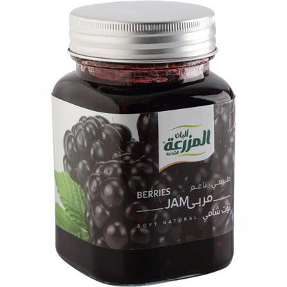 AlMazraa Berries Jam 450g in square glass jar with silver lid, dark purple-black soft natural preserve featuring blackberry and mint label design