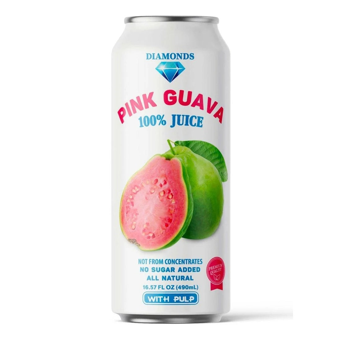 Diamonds Pink Guava juice can with blue diamond logo, pink guava illustration, no sugar added and pulp text on white label