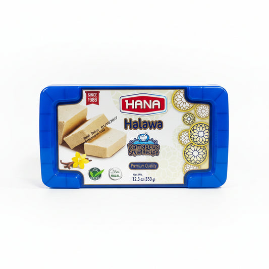 Hana Halawa with Vanilla 350g Damascus Style in blue container, vegan and halal certified sesame confection