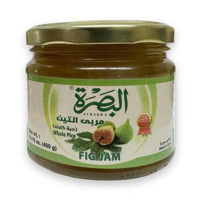 Al Basra Whole Fig Jam 400g glass jar with gold lid, amber preserves, green fig illustration, Made in Syria