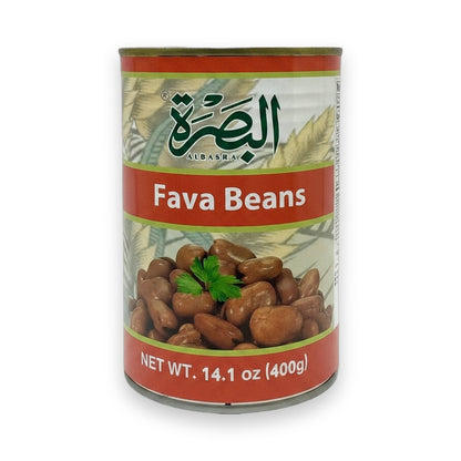 Al Basra Fava Beans 400g canned food with red and green label showing plump brown beans and parsley