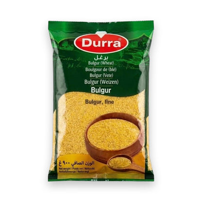 Durra Yellow Fine Bulgur wheat in green and yellow packaging with transparent window showing golden grains, 900g net weight