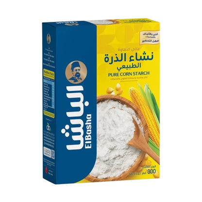 EL Basha Pure Corn Starch 300g box with wooden spoon showing fine white powder texture