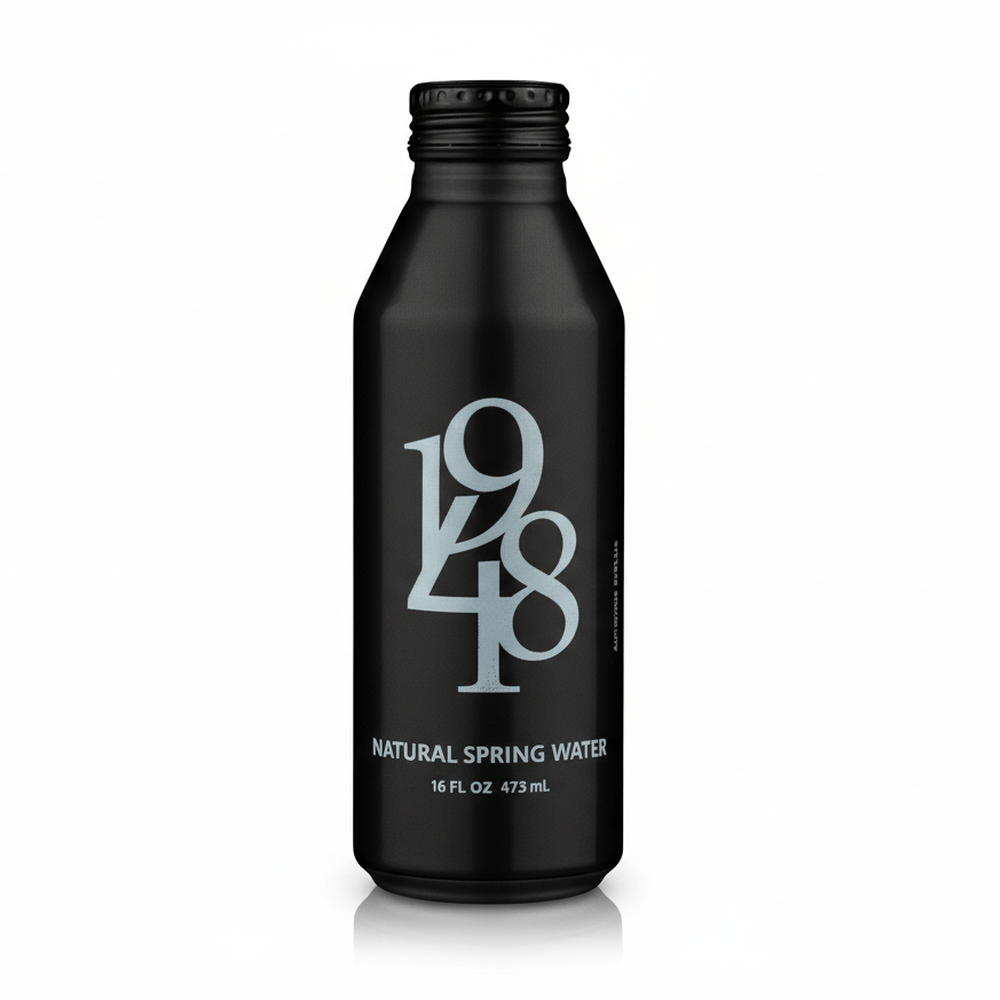 1948 Water Black Edition matte aluminum bottle with ribbed cap and gray logo
