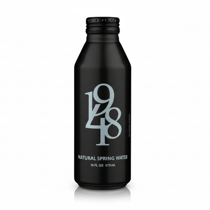 1948 Water Black Edition matte aluminum bottle with ribbed cap and gray logo