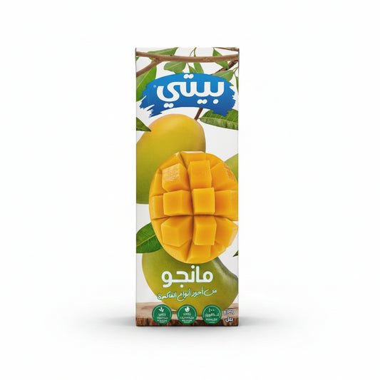 Beyti Mango 200ml cardboard carton packaging with green-yellow mango illustration and Arabic text