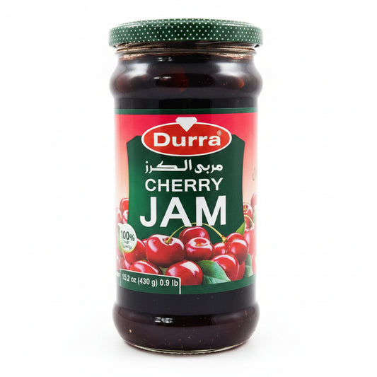 Durra Cherry Jam 430g glass jar with green polka dot lid, natural Arabic label and glossy red cherries