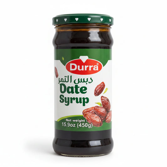 Durra Date Syrup 450ml glass jar with dark green lid and label showing amber syrup