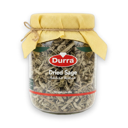 Durra Dried Sage 80g in clear glass jar with yellow fabric lid and twine bow, showing crumbled light greenish-gray herb leaves