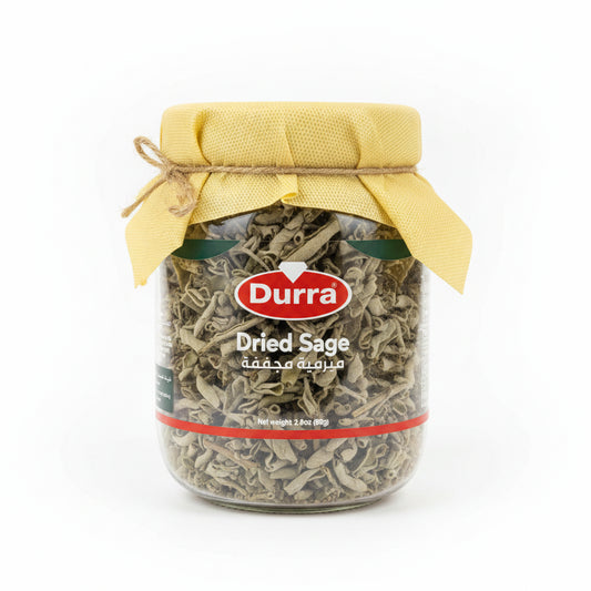 Durra Dried Sage 80g in clear glass jar with yellow fabric lid and twine bow, showing crumbled light greenish-gray herb leaves