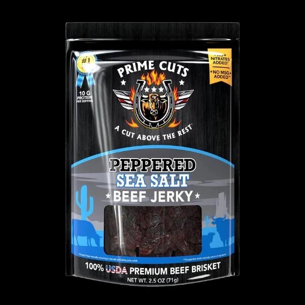 Prime Cuts 2.5oz Peppered Sea Salt Beef Jerky in black resealable pouch with window showing dark reddish-brown brisket pieces