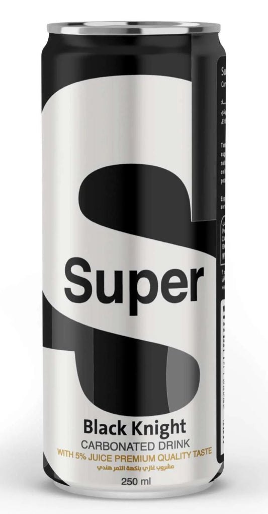 Super Carbonated Drink Black Knight 250ml aluminum can with monochrome black gray white label and gold premium text