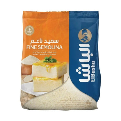 EL Basha Fine Semolina 1.25kg bag with orange and blue packaging, beige granules, perfect for sweets and cakes