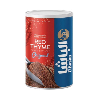 EL Basha Red Thyme 450g can with red and blue label showing coarse reddish-brown thyme flakes in silver scoop