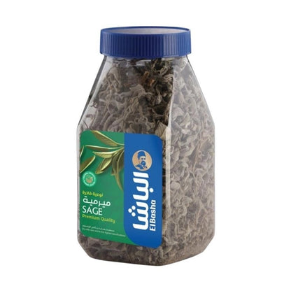 EL Basha Sage jar 100g with blue ribbed lid and green label showing dried grayish-green sage leaves