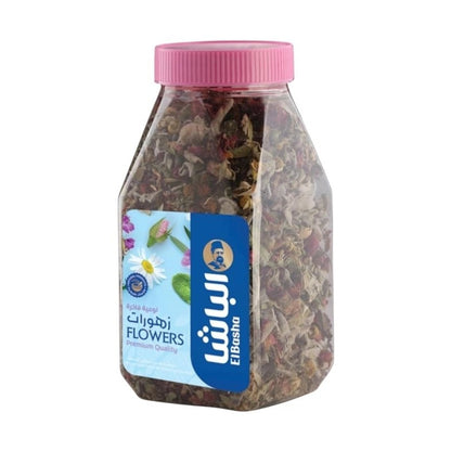 EL Basha Premium Mixed Dried Flowers in hexagonal jar with pink lid, featuring red rosebuds and white daisies for tea or decor