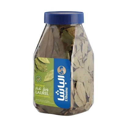 EL Basha Laurel Leaves Jar 100g with blue ribbed lid showing dried green and beige bay leaves inside clear hexagonal plastic container