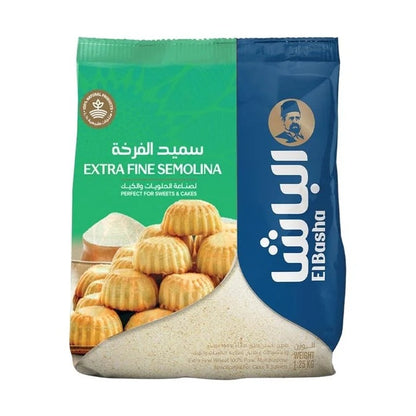 EL Basha Extra Fine Semolina 1.25kg bag for sweets and cakes with golden maamoul cookies