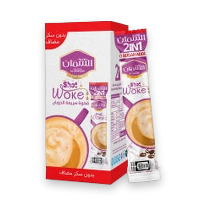 Al Samman Woke 2-in-1 instant coffee 10-pack box with no added sugar, purple and white packaging featuring creamy latte mug