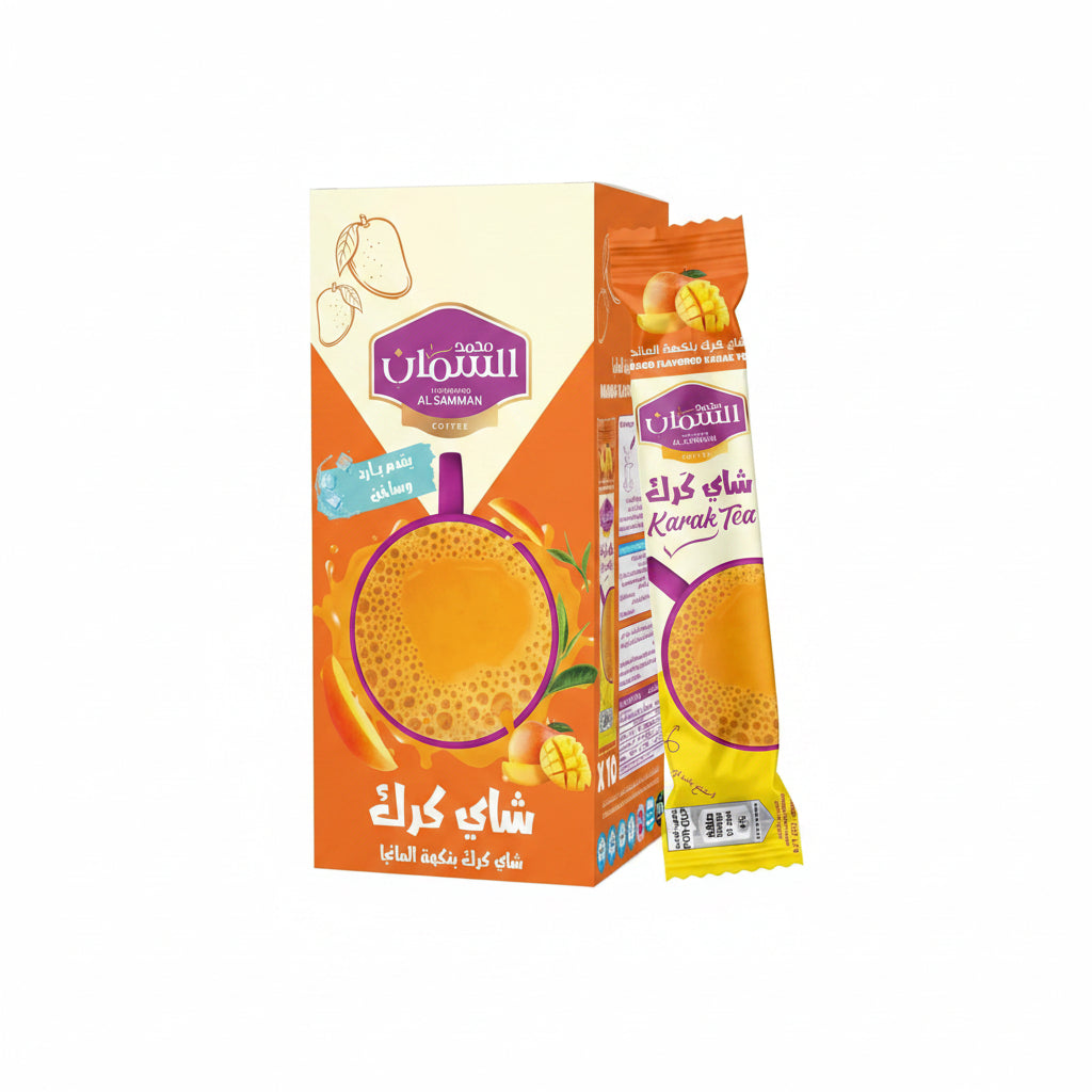 Al Samman Karak Tea Mango Flavor 10-pack box with orange and cream design, featuring purple shield logo and visible tea powder sachet