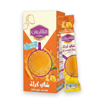 Al Samman Karak Tea Mango Flavor 10-pack box with orange and cream design, featuring purple shield logo and visible tea powder sachet