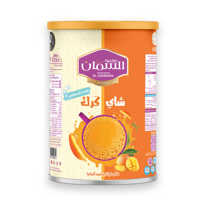 Al Samman Mango Karak Tea 640g metal tin with orange lid and mango fruit imagery