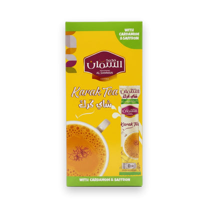 Al Samman Karak Tea box with cardamom and saffron, golden frothy tea cup, 10 bags 30g