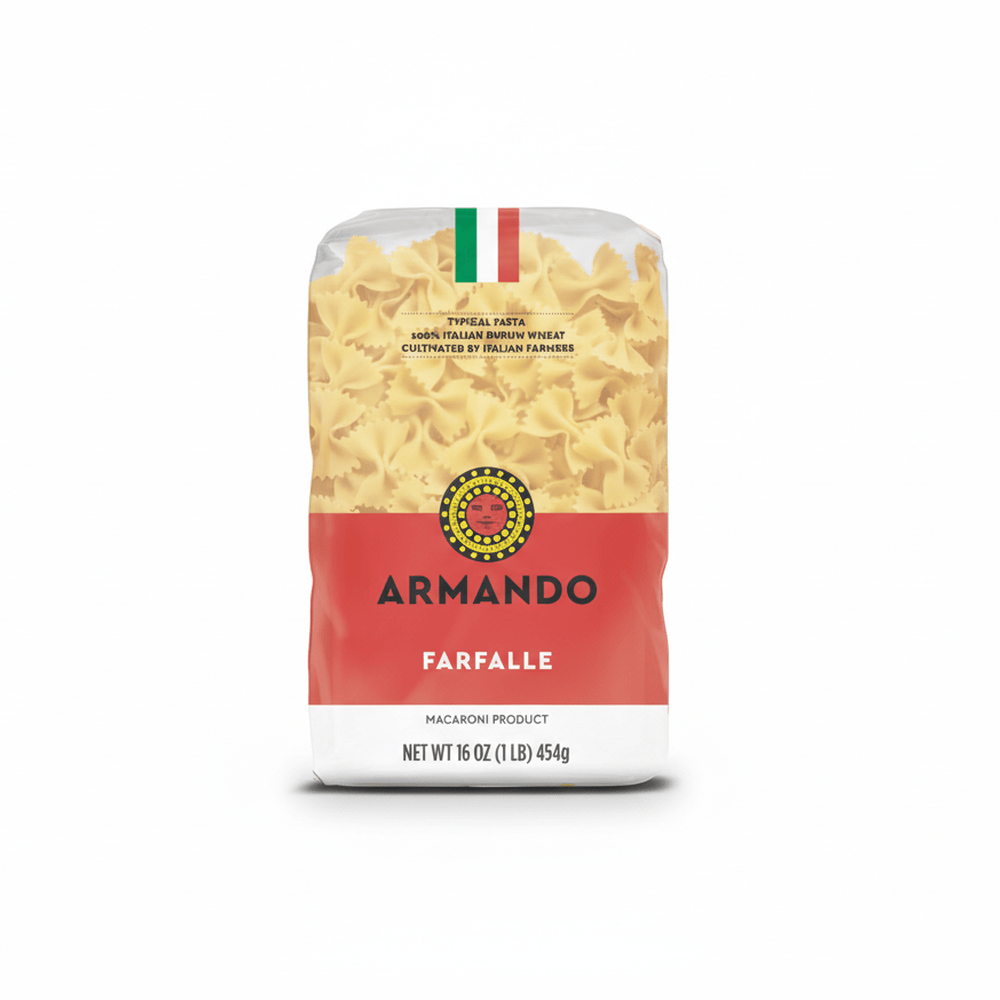 Armando Farfalle pasta 1lb package with transparent window showing pale yellow bow-tie durum wheat semolina