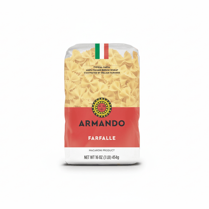 Armando Farfalle pasta 1lb package with transparent window showing pale yellow bow-tie durum wheat semolina