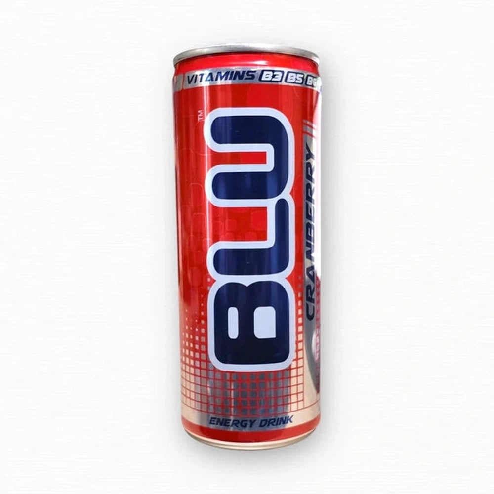 BLU Energy Cranberry 250ml aluminum can with red gradient design and blue logo