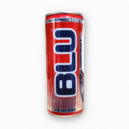 BLU Energy Cranberry 250ml aluminum can with red gradient design and blue logo