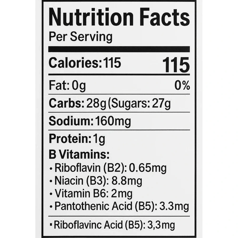 Nutrition Facts label for BLU Cranberry energy drink showing 115 calories and B vitamins