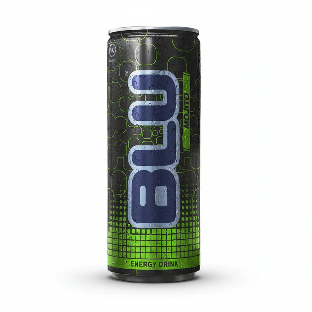 BLU Mojito 8oz matte black aluminum energy drink can with navy logo and lime green circuit pattern