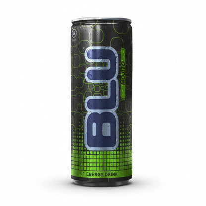 BLU Mojito 8oz matte black aluminum energy drink can with navy logo and lime green circuit pattern