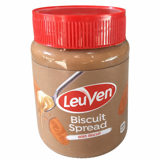 Leuven biscuit spread in clear glass jar with red lid, 600g Belgian-style creamy chocolate hazelnut alternative