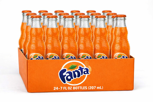 24-pack Fanta glass bottles in orange cardboard carrier with metallic caps and condensation