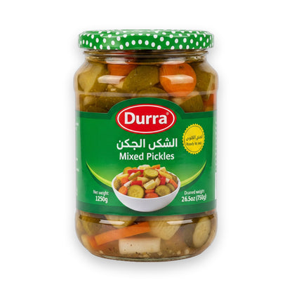 Durra Mixed Pickles 1250g glass jar with green lid, visible cucumbers carrots peppers in brine