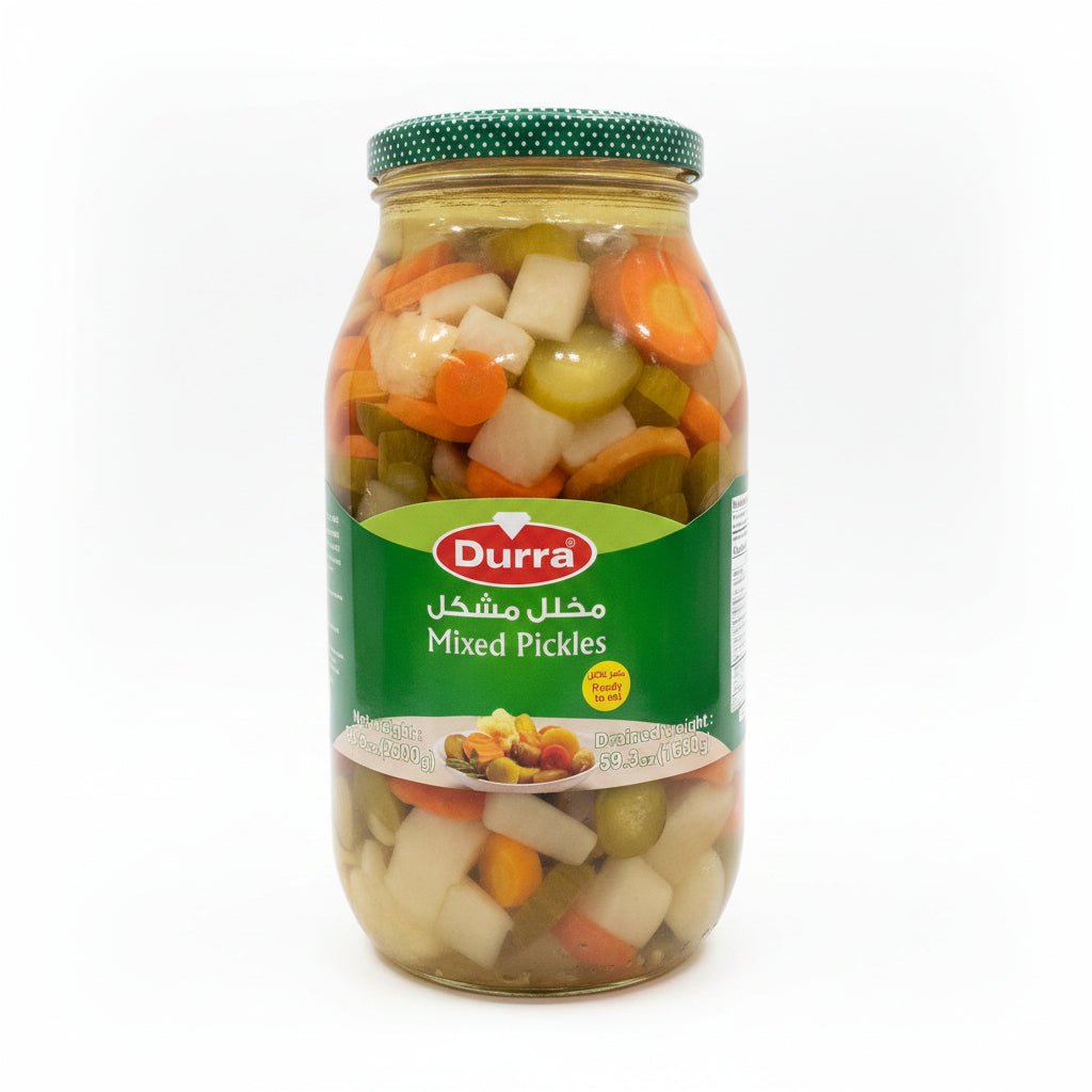 Durra Mixed Pickles 2800g glass jar with green polka dot lid showing carrots radish tomatoes and cucumbers in brine