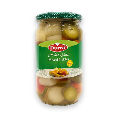 Durra Mixed Pickles 700g glass jar with green polka dot lid showing whole cucumbers, peppers, tomatoes and onions in brine