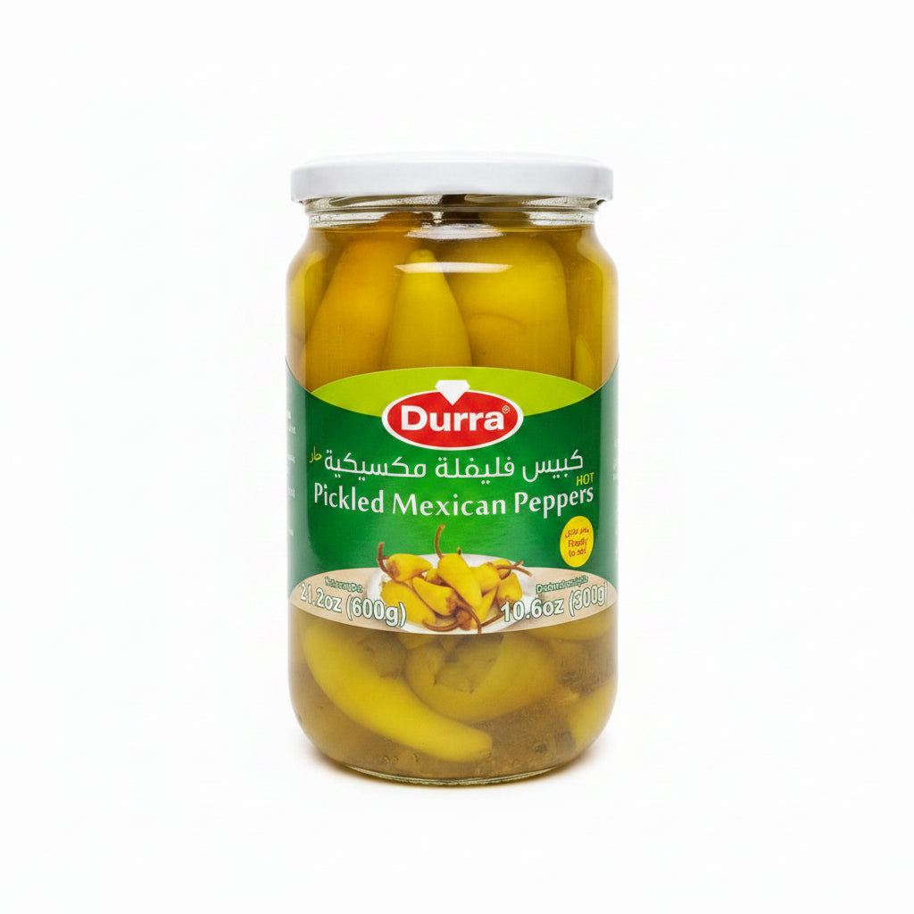 Durra Pickled Mexican Peppers 600g jar with bright yellow whole peppers, hot flavor, ready to eat snack for tacos