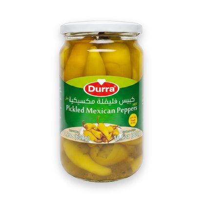Durra Pickled Mexican Peppers 600g jar with bright yellow whole peppers, hot flavor, ready to eat snack for tacos
