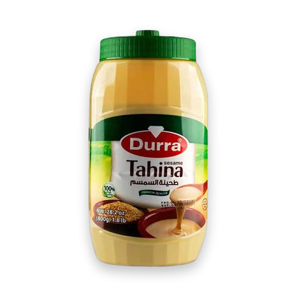 Durra Sesame Tahini 800g jar with green lid showing creamy beige paste and sesame seeds