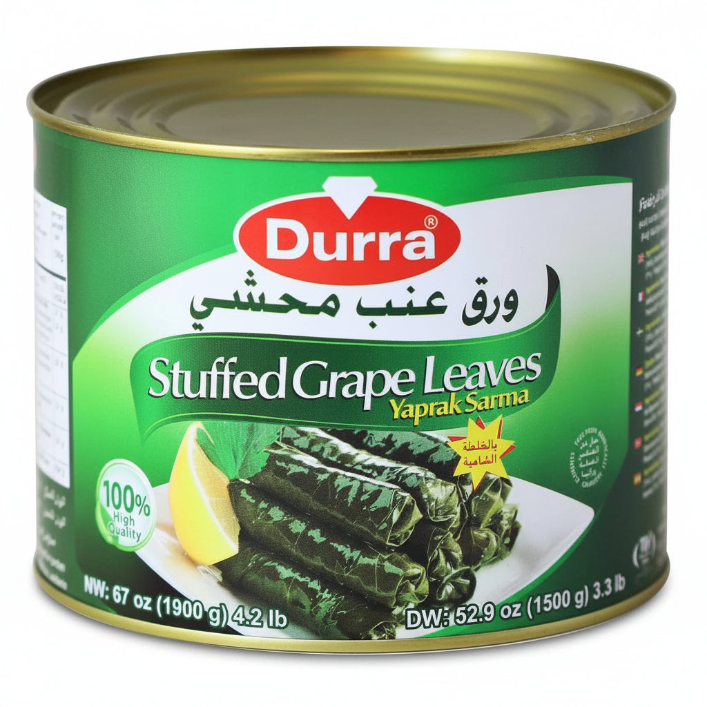 Durra Stuffed Grape Leaves 1900g can with green label, lemon wedge, and Yaprak Sarma text