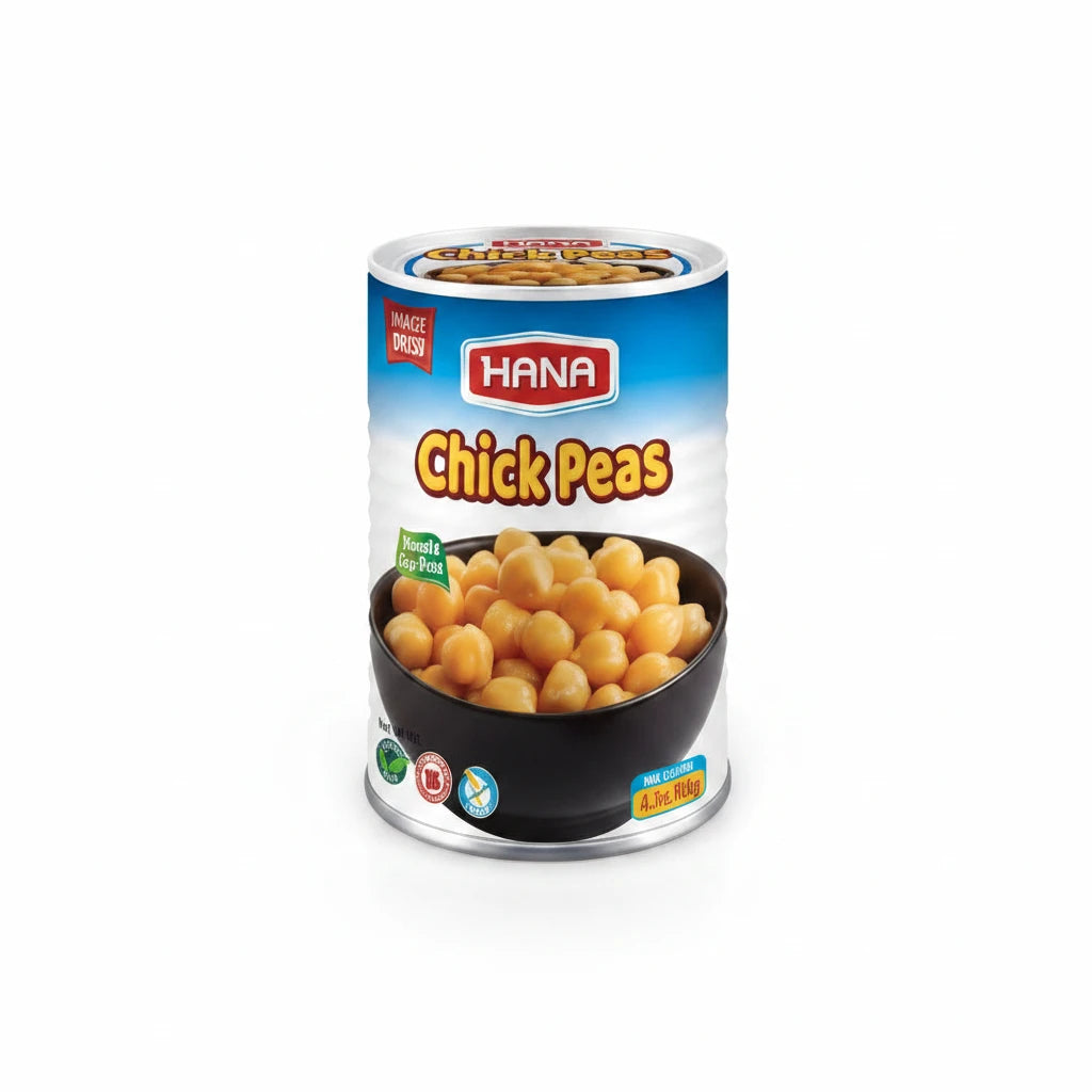 Hana Chickpeas 400g canned tin with blue gradient label and golden-tan chickpea image for hummus