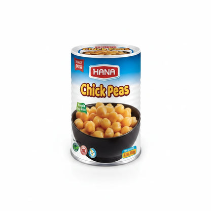Hana Chickpeas 400g canned tin with blue gradient label and golden-tan chickpea image for hummus