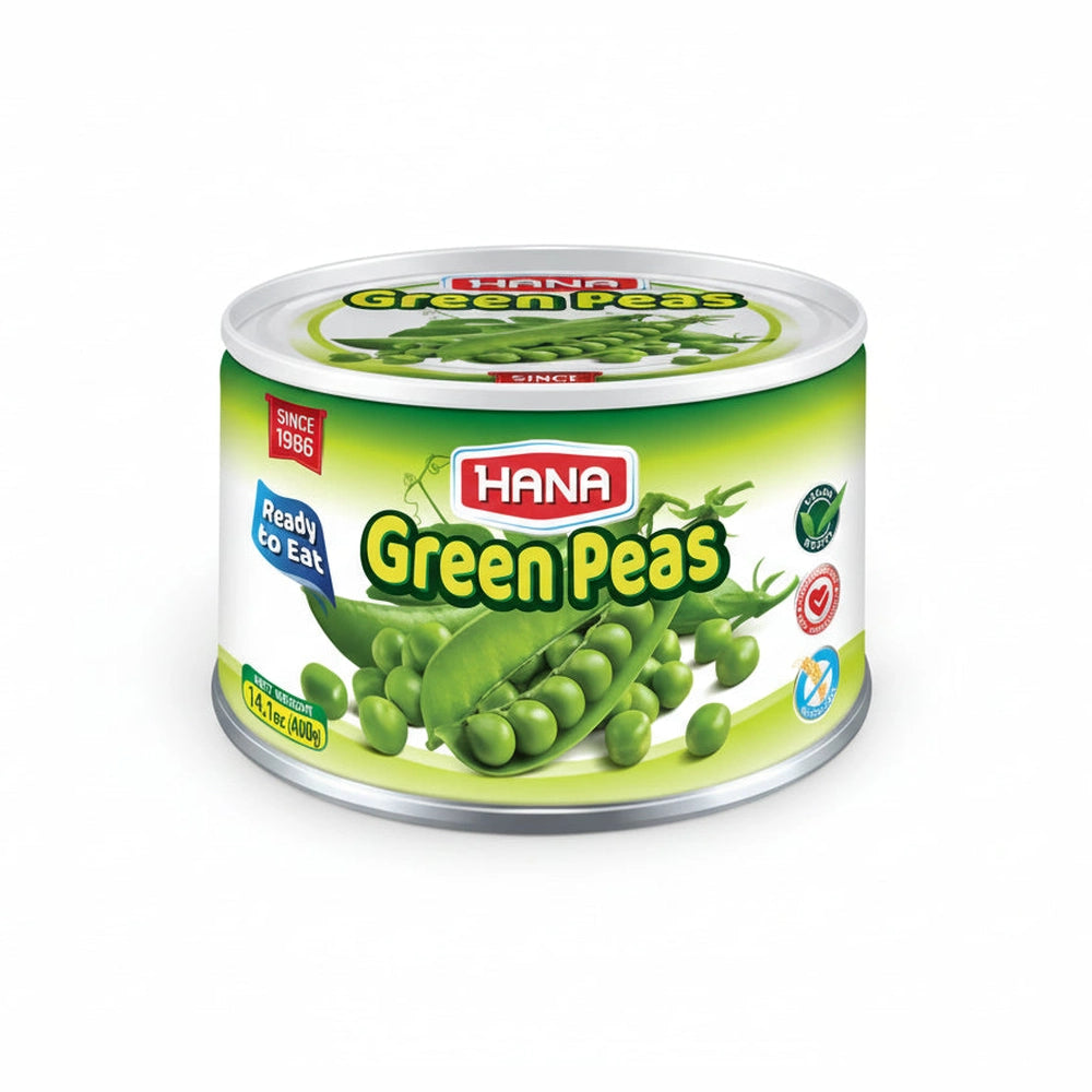 Hana Green Peas canned food packaging with A-Grade Quality and Gluten-Free seals