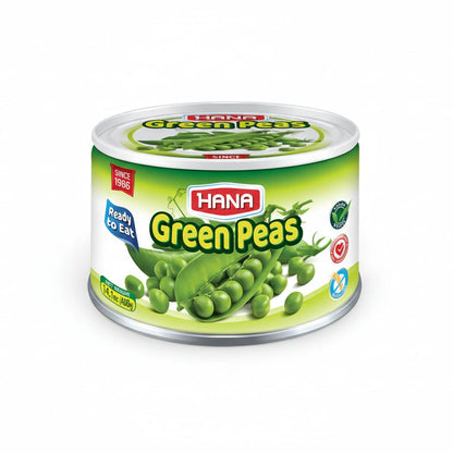 Hana Green Peas canned food packaging with A-Grade Quality and Gluten-Free seals