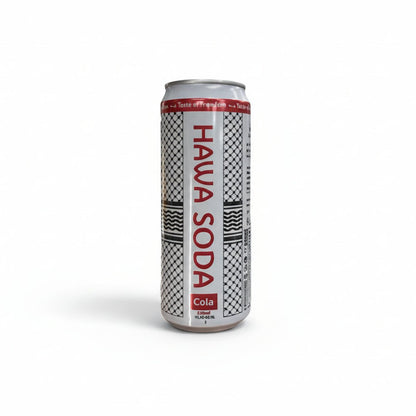 Hawa Cola 250ml aluminum can with black honeycomb pattern and red white branding