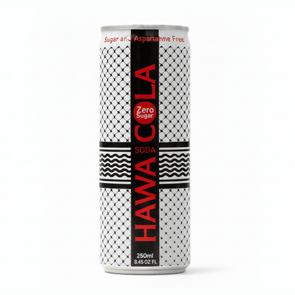 Hawa Cola Zero Sugar 250ml aluminum can with black-white geometric diamond pattern and red text on white background